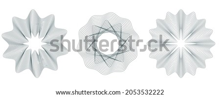 Set guilloche lines ornament. Abstract vector circle elements. Useful for banknote, diploma, certificate, note, currency, voucher or money design