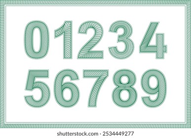 A set of guilloche numbers on a transparent background with a frame.