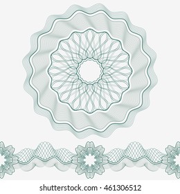 Set: Guilloche Pattern Rosette and border for certificate or diploma, isolated. Vector illustration