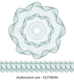 Set: Guilloche Pattern Rosette and border for certificate or diploma, isolated. Vector illustration.