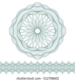 Set: Guilloche Pattern Rosette and border for certificate or diploma, isolated. Vector illustration.