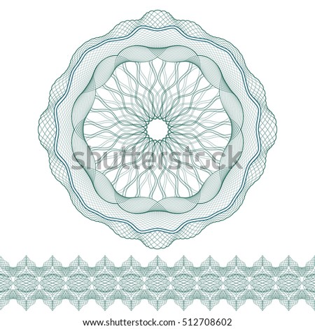 Set: Guilloche Pattern Rosette and border for certificate or diploma, isolated. Vector illustration.