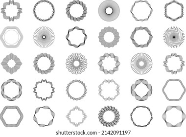 Set: Guilloche Pattern Rosette Elements For Certificate, Diploma, Voucher, Money Design, Currency, Note, Check, Ticket, Isolated. Vector Illustration