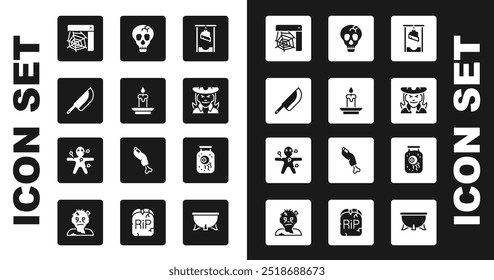 Set Guillotine, Burning candle, Knife, Spider web, Witch, Skull, Eye jar and Voodoo doll icon. Vector