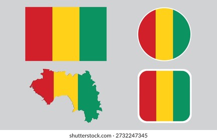 Um conjunto de ícones da bandeira da Guiné. Um conjunto de bandeiras em formas quadradas, retangulares, redondas e de mapa. Coleção Flags.