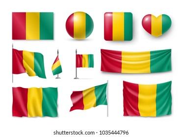 Set Guinea flags, banners, banners, symbols, Realistic icon. Vector illustration of collection of national symbols on various objects and state signs