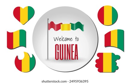 Set of Guinea flags and waving Guinea flag in vector with the inscription Welcome to Guinea!

