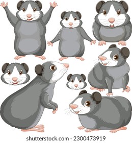 Set of guinea pig cartoon character with head and facial expression illustration