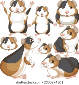 Set of guinea pig cartoon character with head and facial expression illustration