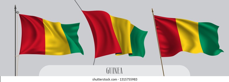 Set of Guinea waving flag on isolated background vector illustration. 3 yellow red Guinean wavy realistic flag as a patriotic symbol 