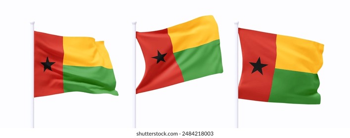 Set of Guinea-Bissau waving flag on flagpole. Realistic 3d design flag flies on the wind on isolated white background. vector illustration