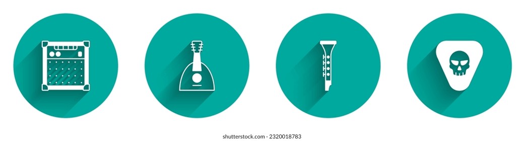 Set Guitar amplifier, Balalaika, Clarinet and pick icon with long shadow. Vector