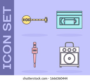 Set Guitar amplifier, Banjo, Microphone and VHS video cassette tape icon. Vector