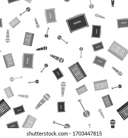 Set Guitar amplifier, Banjo, Music synthesizer and Microphone on seamless pattern. Vector