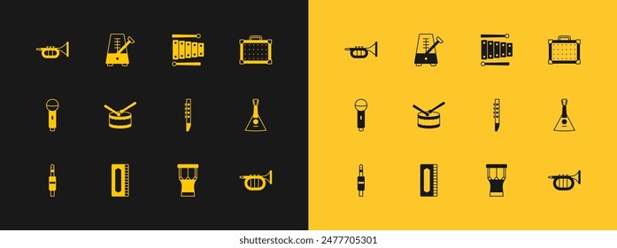 Set Guitar amplifier, Harmonica, Flute, African percussion drum, Drum with sticks, Xylophone, Trumpet and Metronome pendulum icon. Vector