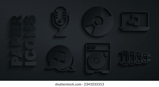 Set Guitar amplifier, Laptop with music, Music note, tone, Xylophone, Vinyl disk and Microphone icon. Vector