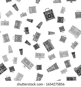 Set Guitar amplifier, Metronome with pendulum in motion, DJ remote for playing and mixing music and Video recorder or editor software on monitor on seamless pattern. Vector