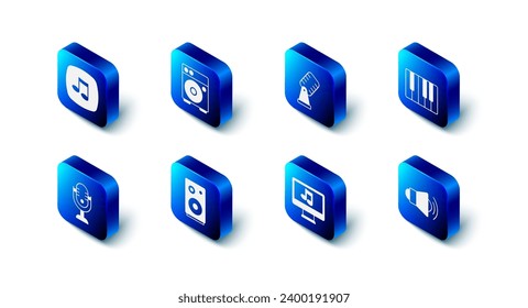 Set Guitar amplifier, Microphone, Music synthesizer, Megaphone, Computer with music note, Stereo speaker,  and tone icon. Vector