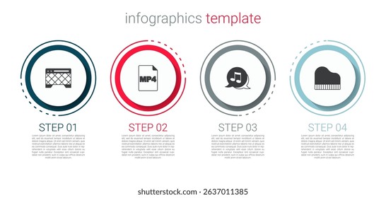 Set Guitar amplifier, MP4 file document, Music note, tone and Grand piano. Business infographic template. Vector