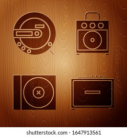 Set Guitar amplifier, Music CD player, CD or DVD disk and Guitar amplifier on wooden background. Vector
