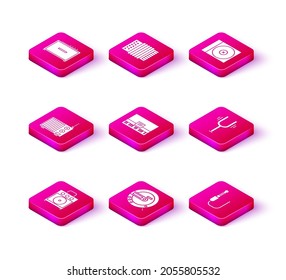 Set Guitar amplifier, Music CD player, Radio with antenna, Piano, Audio jack, Musical tuning fork, DVD disk and instrument accordion icon. Vector