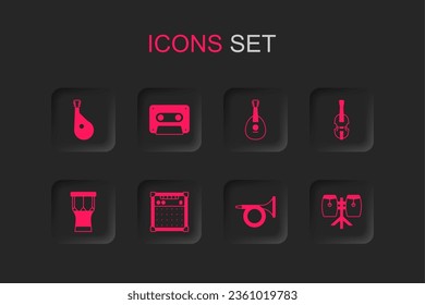 Set Guitar amplifier, Retro audio cassette tape, Bandura, Trumpet, Violin, Conga drums, Mandolin and African percussion icon. Vector