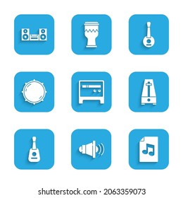 Set Guitar amplifier, Speaker volume, Music book with note, Metronome pendulum, Dial knob level, Banjo and Home stereo icon. Vector