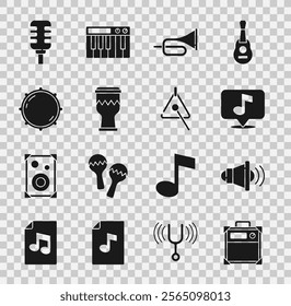 Set Guitar amplifier, Speaker volume, Musical note, Trumpet, Drum, Dial knob level, Microphone and Triangle icon. Vector