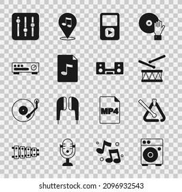 Set Guitar amplifier, Triangle musical instrument, Drum with drum sticks, Music player, MP3 file document, Sound mixer controller,  and Home stereo two speakers icon. Vector