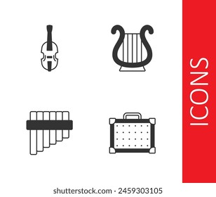 Conjunto amplificador de guitarra, violín, flauta Pan y icono de lira griega antigua. Vector