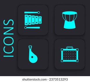 Set Guitar amplifier, Xylophone, African darbuka drum and Bandura icon. Black square button. Vector