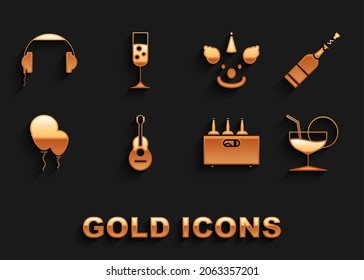 Set Guitar, Champagne bottle, Martini glass, Bottles of wine wooden box, Balloons with ribbon, Clown head, Headphones and Glass champagne icon. Vector