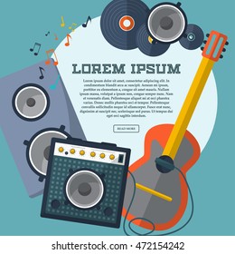 Set of guitar, combo amp, speaker, notes and records with space for your advertising. Frame. Vector illustration