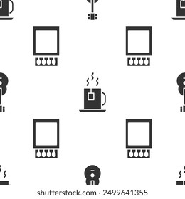 Set Guitar, Cup of tea with tea bag and Open matchbox and matches on seamless pattern. Vector