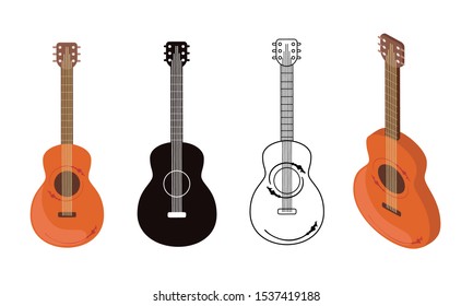 Set  guitar drawings made in different styles: flat style, linear, isometric.  Individual objects on  white background. Music festival design, poster. Vector illustration