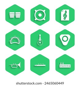 Set Guitar, Drum and drum sticks, Sound mixer controller, pick, Trumpet, Tambourine, Treble clef and  icon. Vector