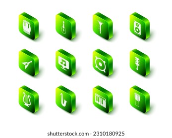 Set Guitar, Drum and drum sticks, Stereo speaker, Microphone, Music synthesizer and Musical instrument saxophone icon. Vector