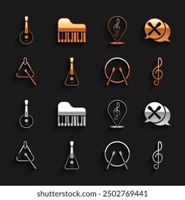 Set Guitar, Drum sticks, Treble clef, and drum, Triangle, Banjo and Grand piano icon. Vector