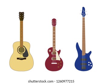 Set guitar in flat style on a white background, vector