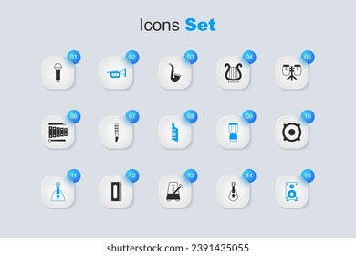 Set Guitar, Flute, Trumpet, Balalaika, Stereo speaker, Microphone and Keytar icon. Vector