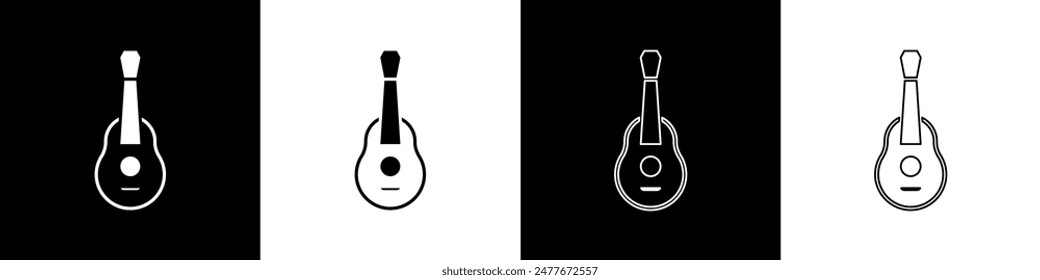 Establecer el icono de guitarra aislado sobre fondo blanco y negro. Guitarra Acústica. Instrumento musical de cuerda.  Vector