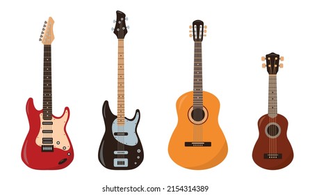 Juego de iconos de guitarra. Acústica, Bass, guitarra de cuerda de madera e instrumento musical Ukulele aislado en fondo blanco. Ilustración vectorial en estilo plano o caricatura.