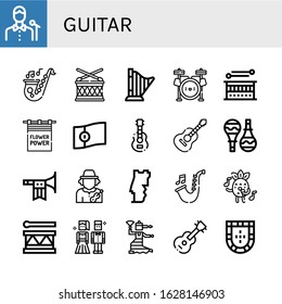 Set of guitar icons. Such as Singer, Saxophone, Drum, Harp, Drum set, Flower power, Portugal, Guitar, Maracas, Trumpet, Musician, Singing, Prom night, Flamenco , guitar icons