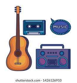 set of guitar instrument with play radio and cassette