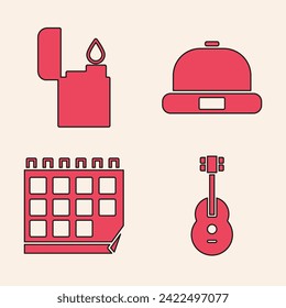 Set Guitar, Lighter, Beanie hat and Calendar icon. Vector