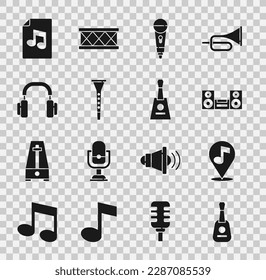 Set Guitar, Location musical note, Home stereo, Microphone, Clarinet, Headphones, Music book with and Balalaika icon. Vector