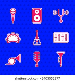Set Guitar, Microphone, Drum and drum sticks, Sound mixer controller, Trumpet, Tambourine, Musical tuning fork and  icon. Vector