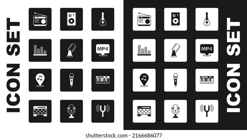 Set Guitar, Microphone, Music equalizer, Radio, MP4 file document, Stereo speaker, synthesizer and Location musical note icon. Vector