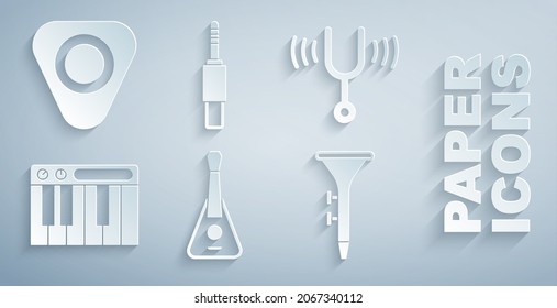 Set Guitar, Musical tuning fork, synthesizer, Drum and drum sticks, Audio jack and pick icon. Vector