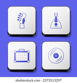 Set Guitar neck, Balalaika, amplifier and Vinyl disk icon. White square button. Vector